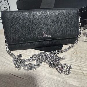 Valentino Black Pebbled Leather Wristlet with Silver Chain